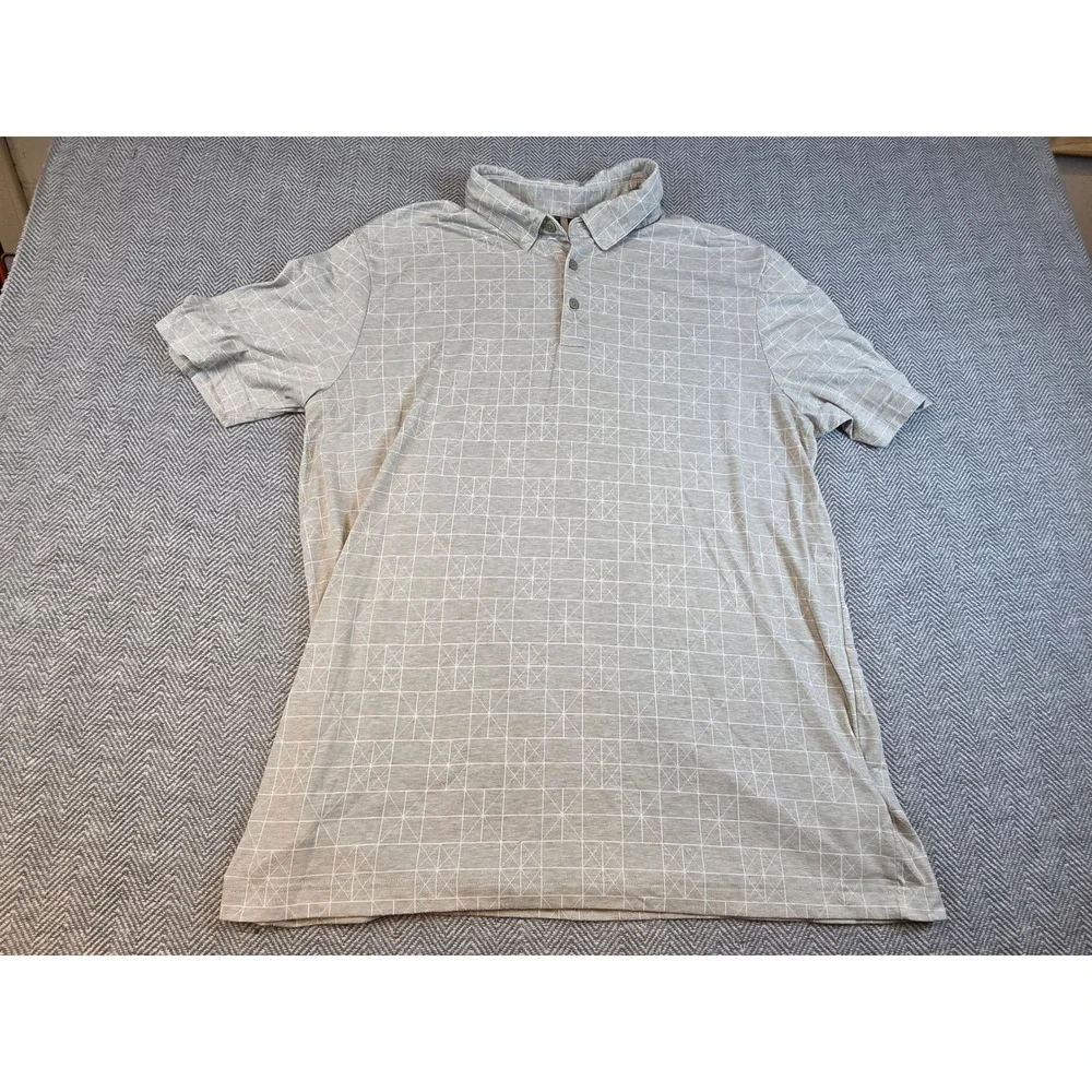 Adidas Mens Large Grey White Geometric Grid Short Sleeve Golf Polo Shirt